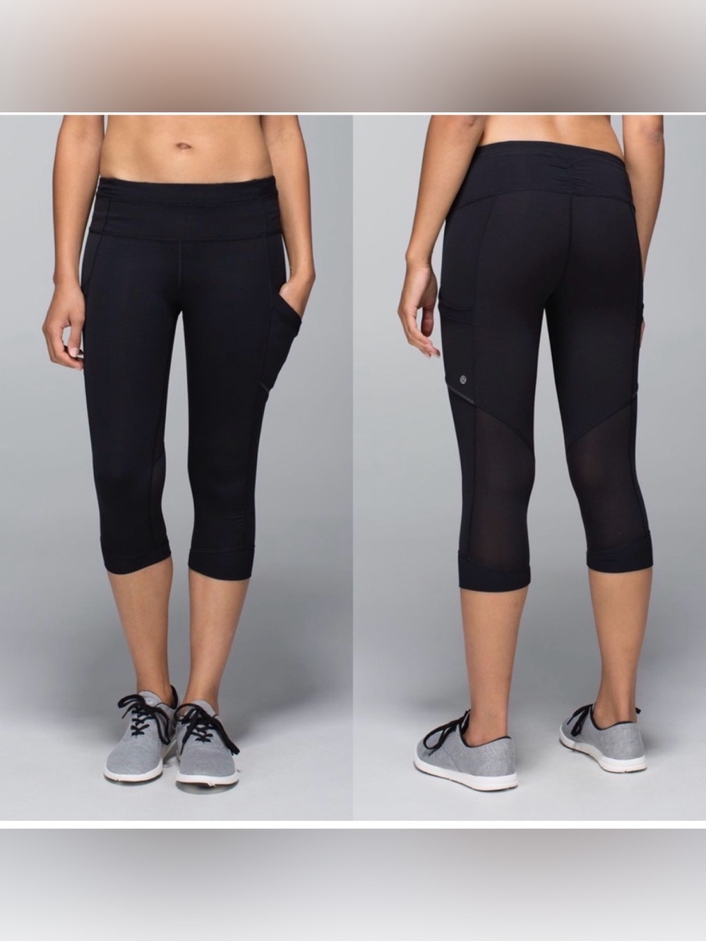 Lululemon Gray Cropped 21” Leggings with Side Pockets and mesh detail, size 6